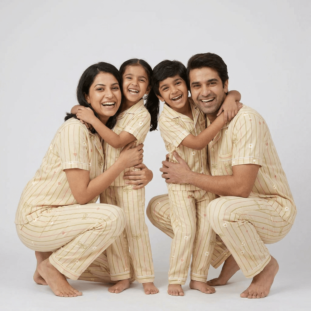 Soft Bloom Bow Stripe matching full-sleeve night suit for the whole family, styled together