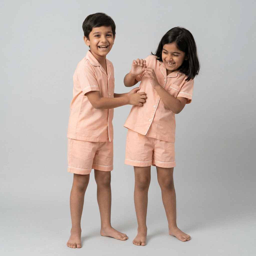 The siblings in matching Soft Peach shorts set