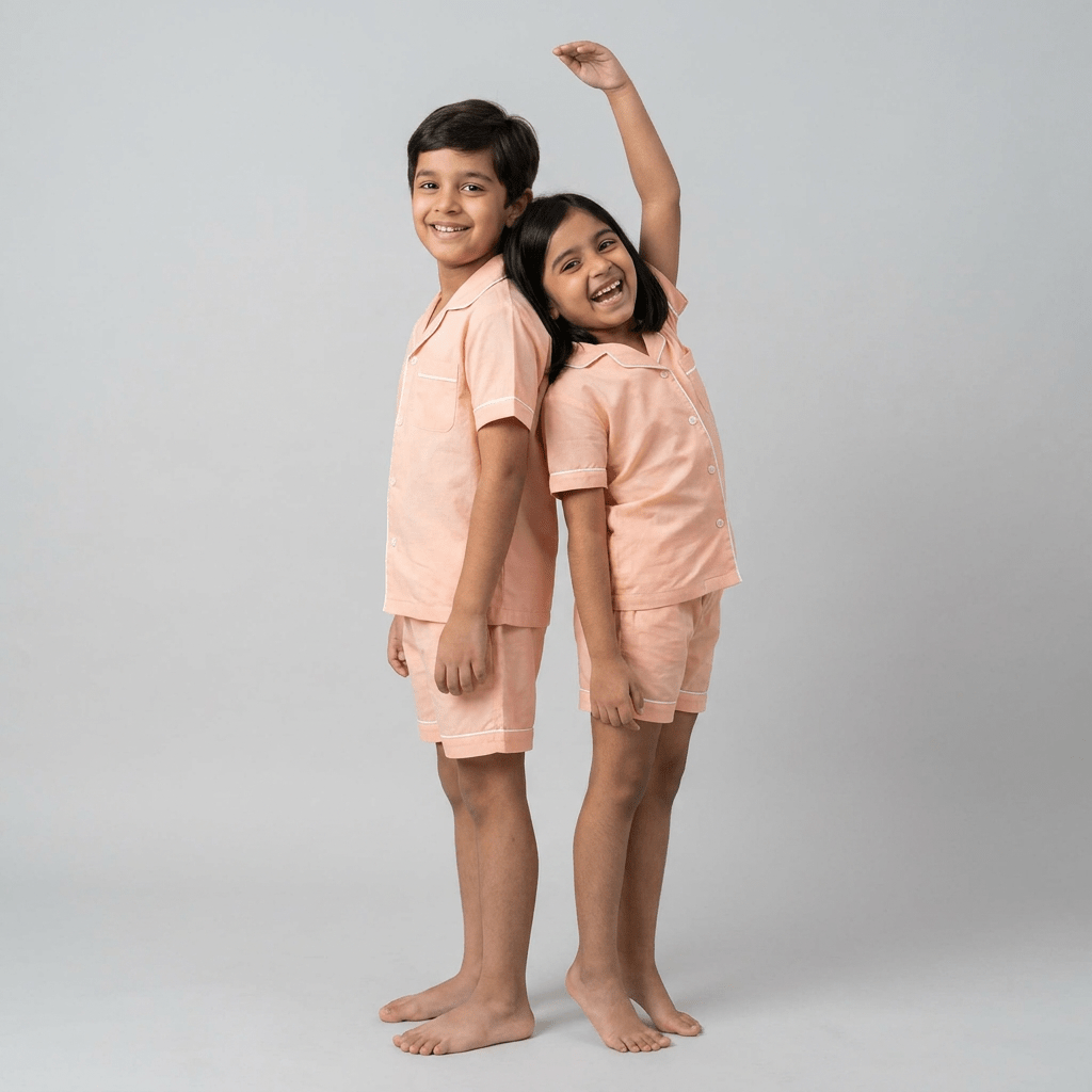 Soft Peach siblings matching pajamas worn together
