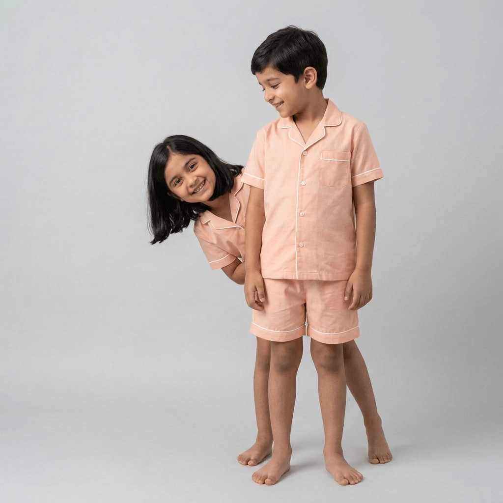 Matching Soft Peach shorts set for brother and sister