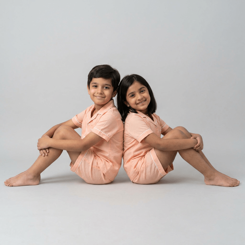 Brother and sister twinning in Soft Peach shorts set by Pajama Tribe