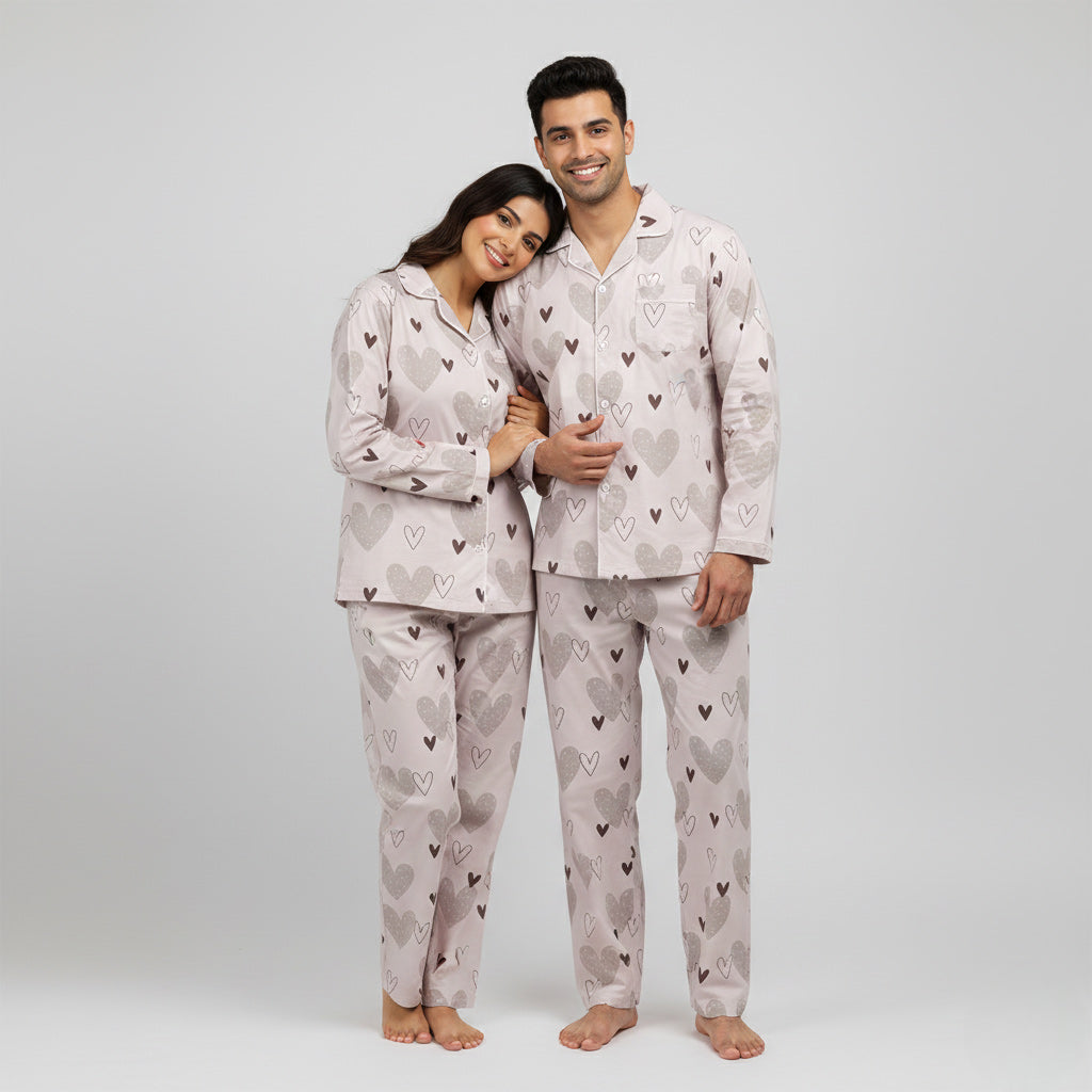 Hand drawn heart print couple matching pajamas for relaxed nightwear