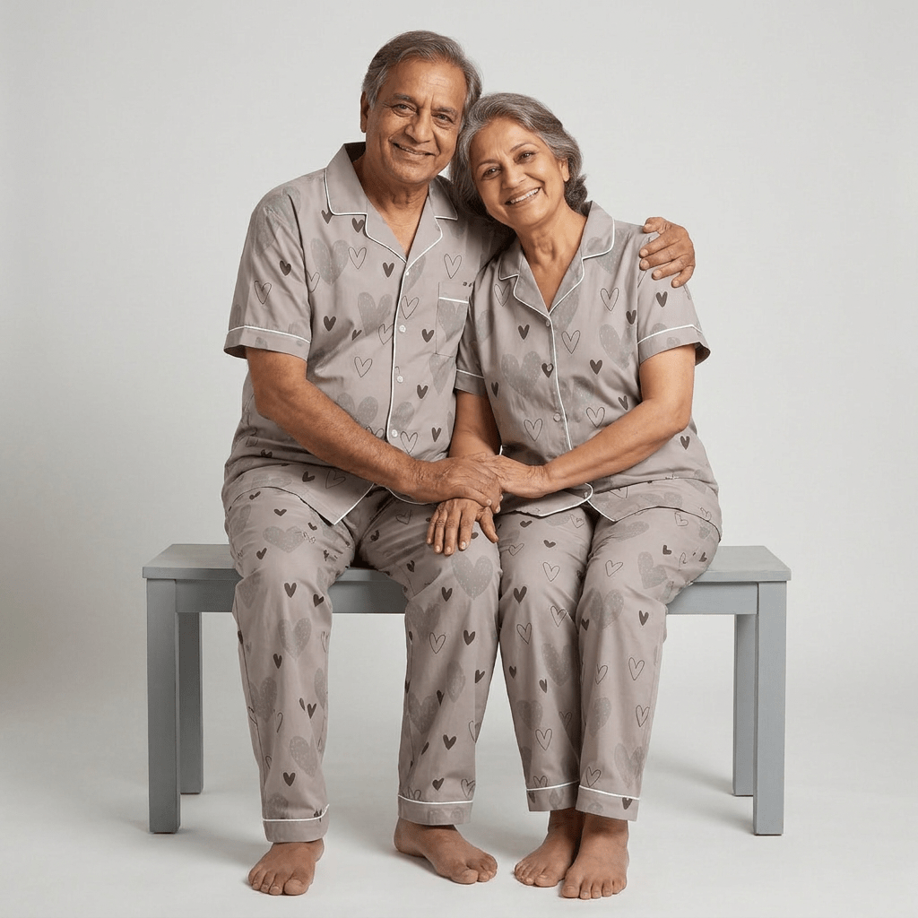 Grandma and grandpa in matching Soft Sketch Hearts half-sleeve night suit