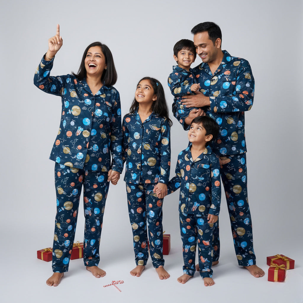 Family in solar system matching pajama set, space-themed coordinated nightwear.