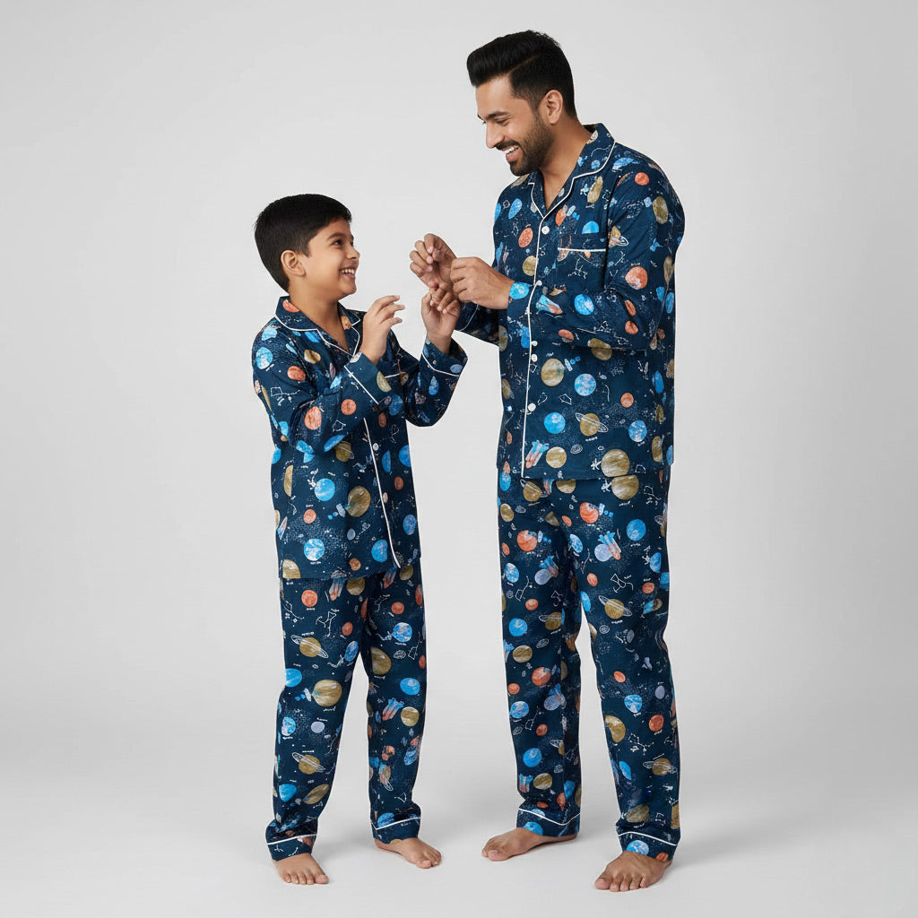 Father and son wearing solar system print matching pajamas, space-themed coordinated nightwear.