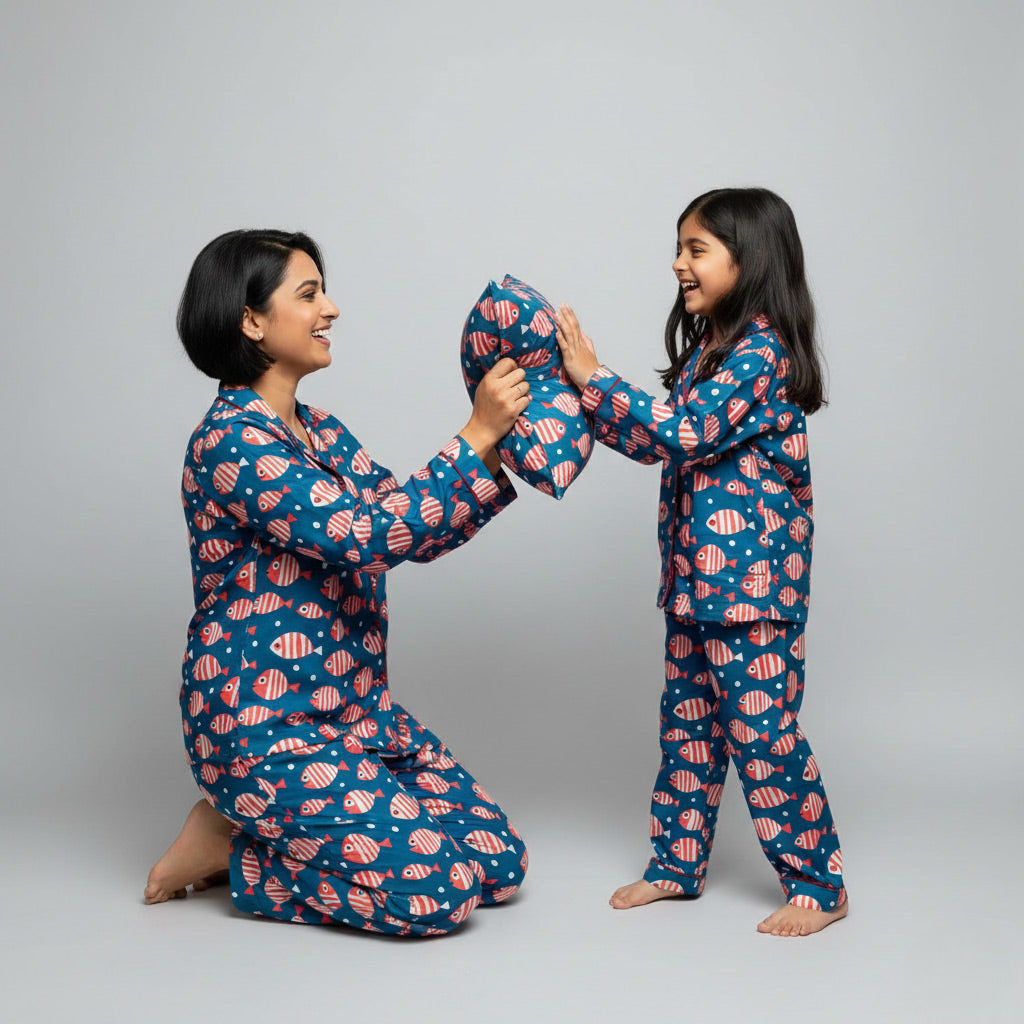 Mother and daughter in Something Fishy matching pajama set, colourful fish-themed coordinated look.