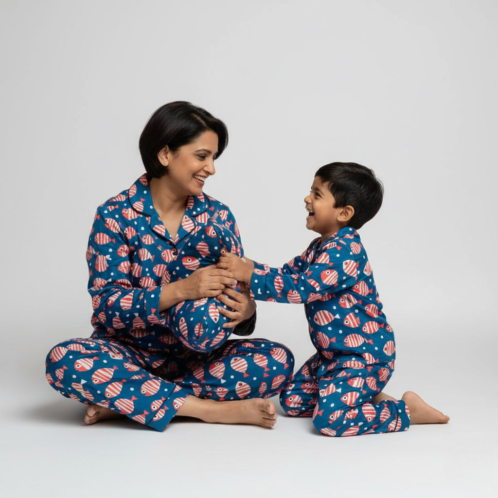 Mother and son wearing Something Fishy matching pajamas, colourful aquatic-themed print.