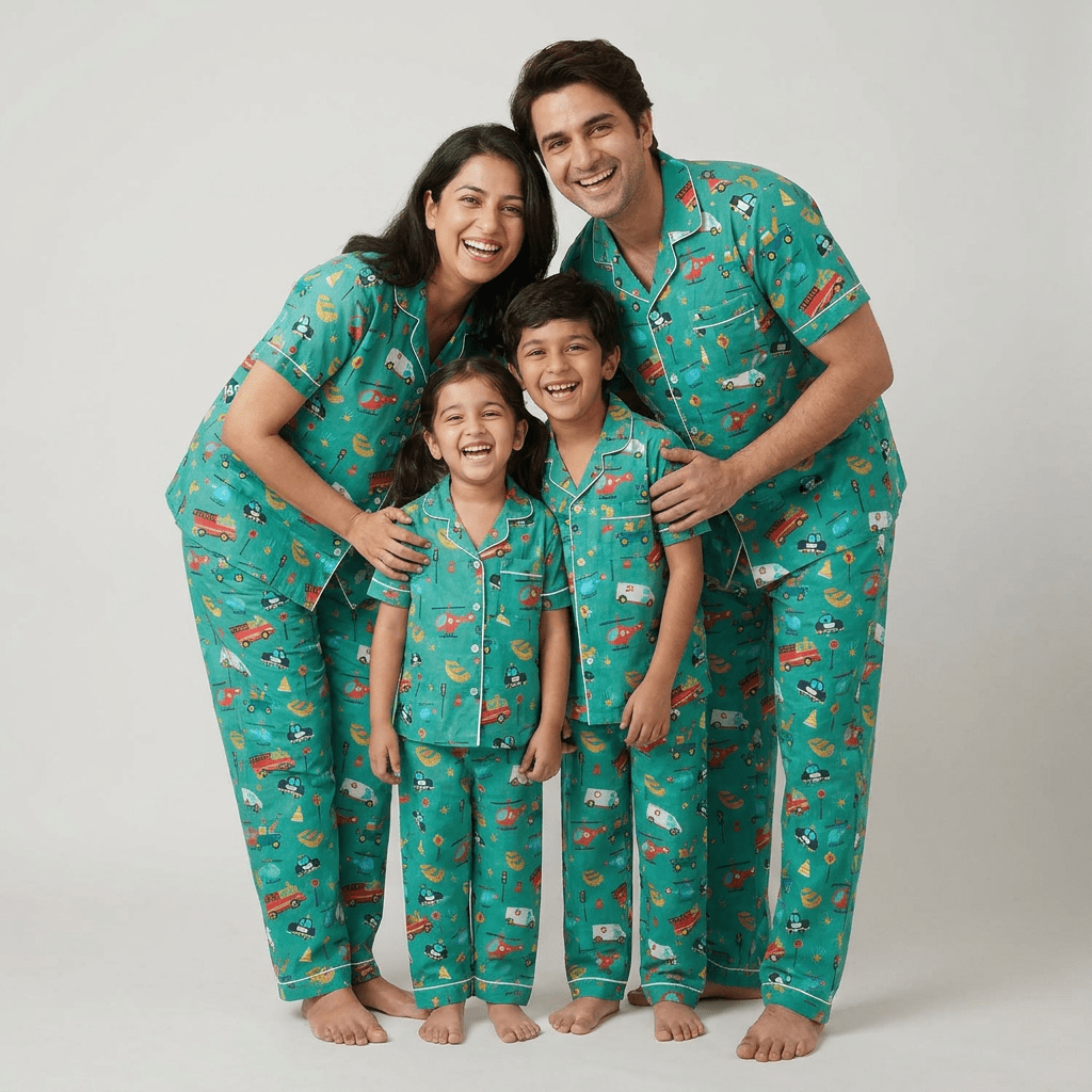Mom, dad and the kids twinning in Speeding Vehicles half-sleeve night suit by Pajama Tribe