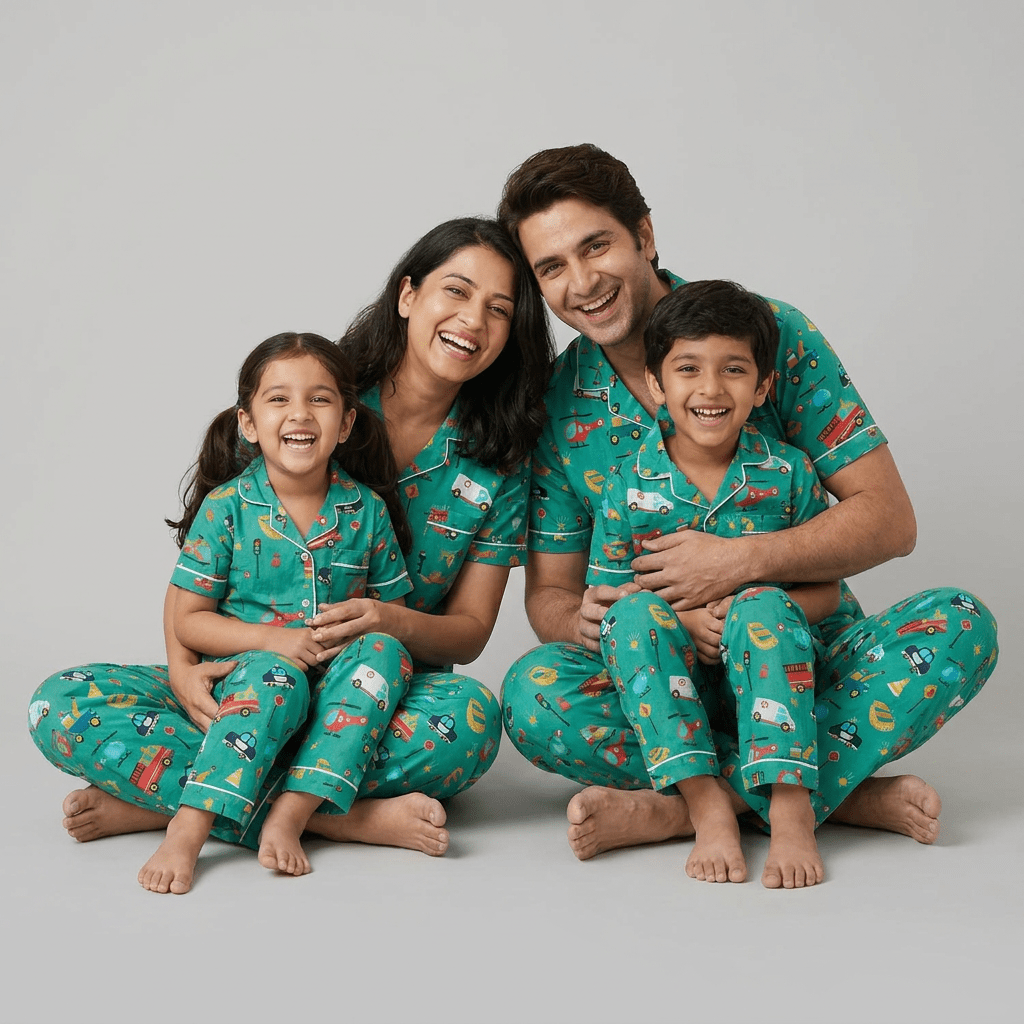 Speeding Vehicles matching half-sleeve night suit for the whole family, styled together