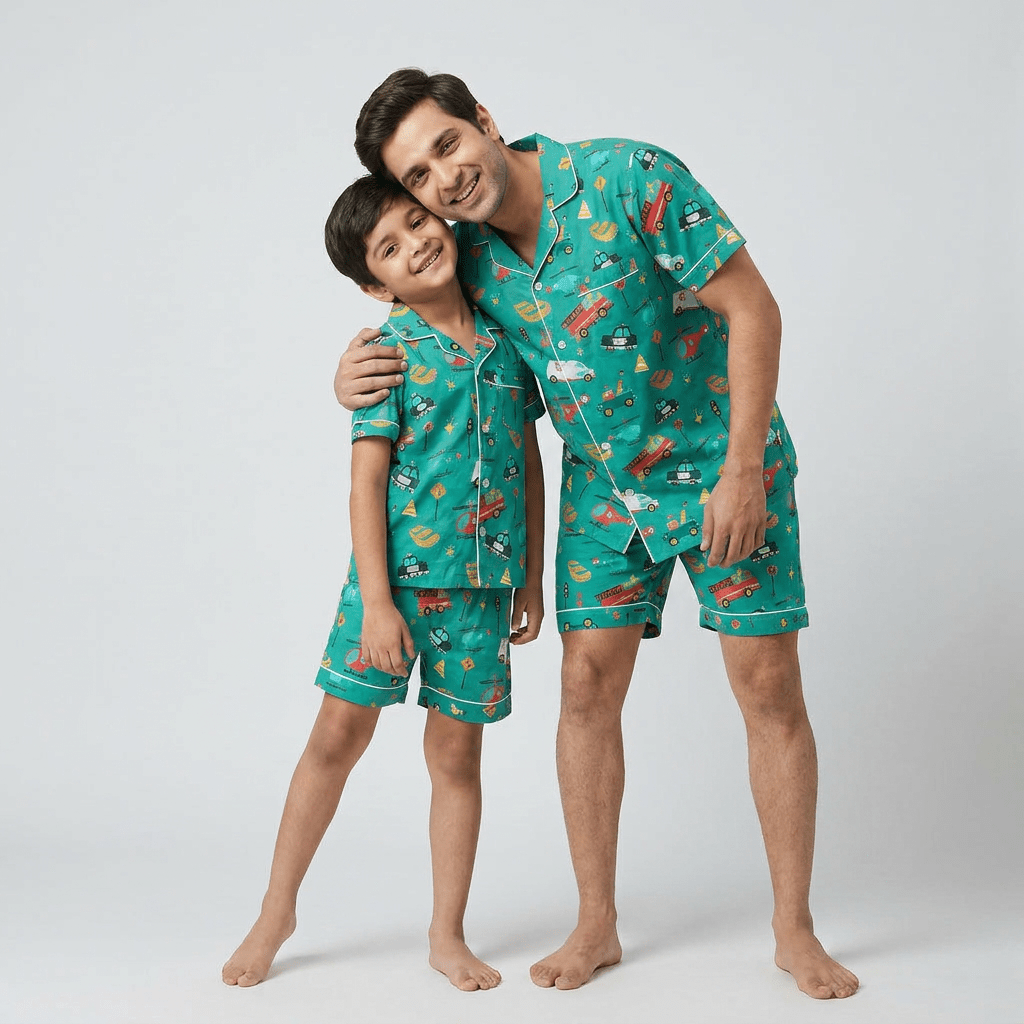 Dad and son twinning in Speeding Vehicles shorts set by Pajama Tribe