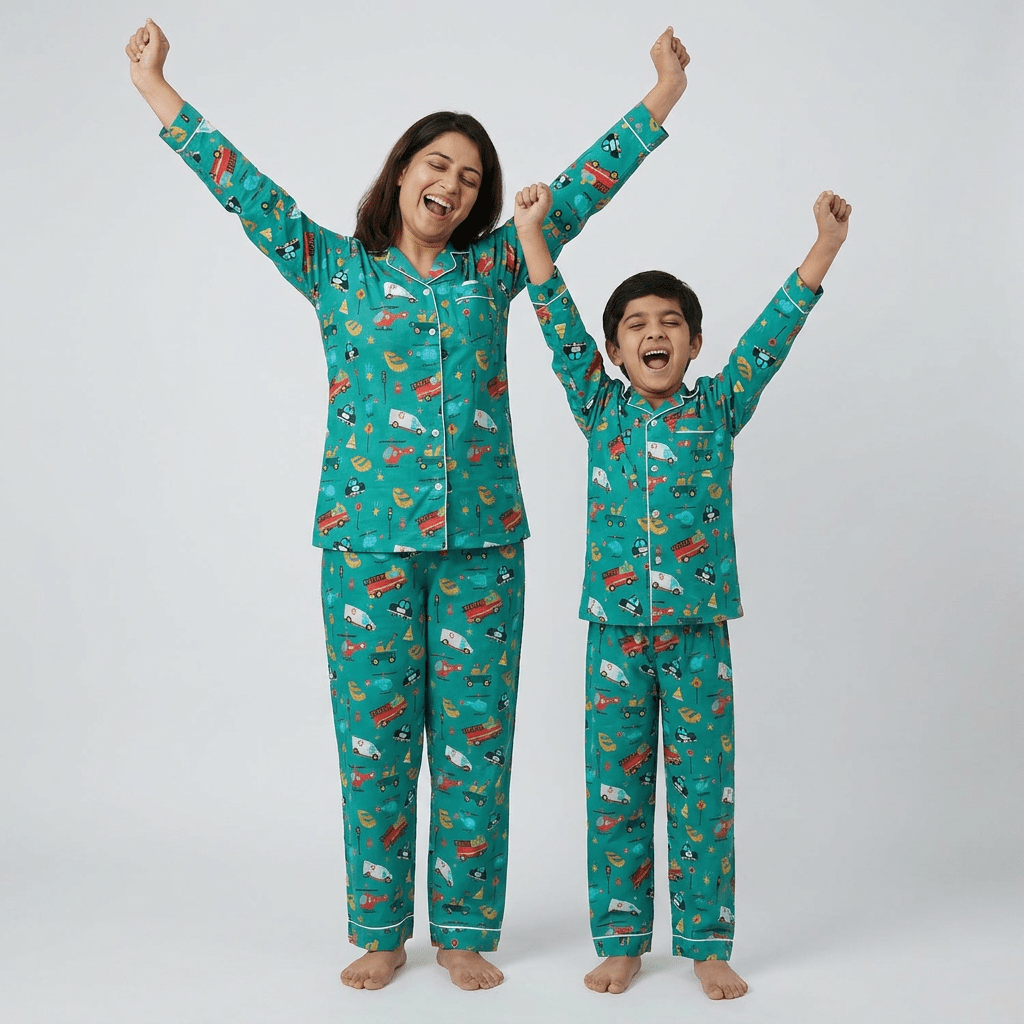 Matching Speeding Vehicles full-sleeve night suit for mum and her boy