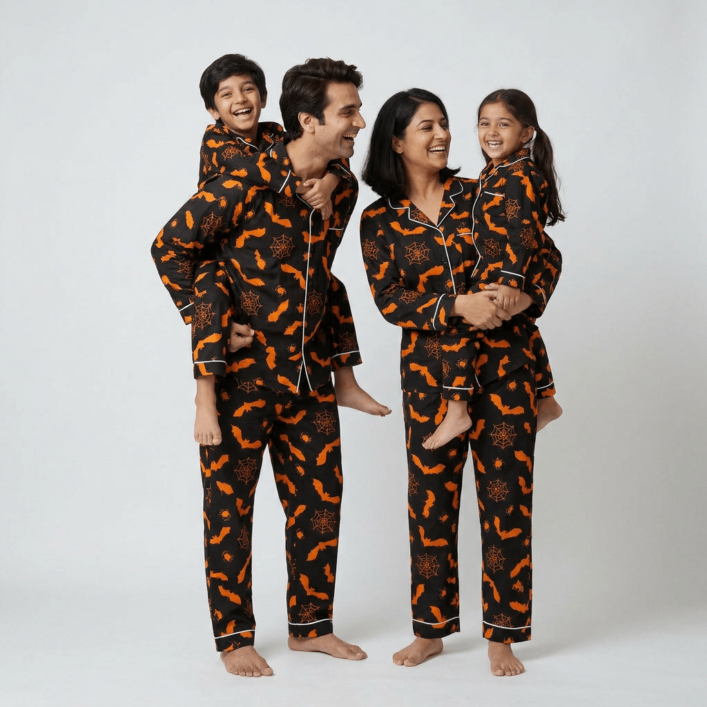 Parents and kids in matching Spooky Webs and Bats full-sleeve night suit