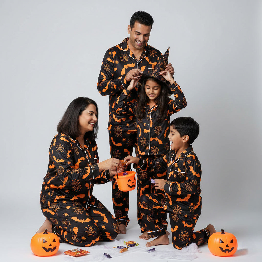 Family in spooky webs and bats matching pajamas, Halloween-themed nightwear.