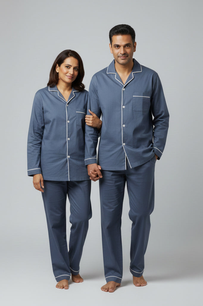 Steel blue matching couple night suit