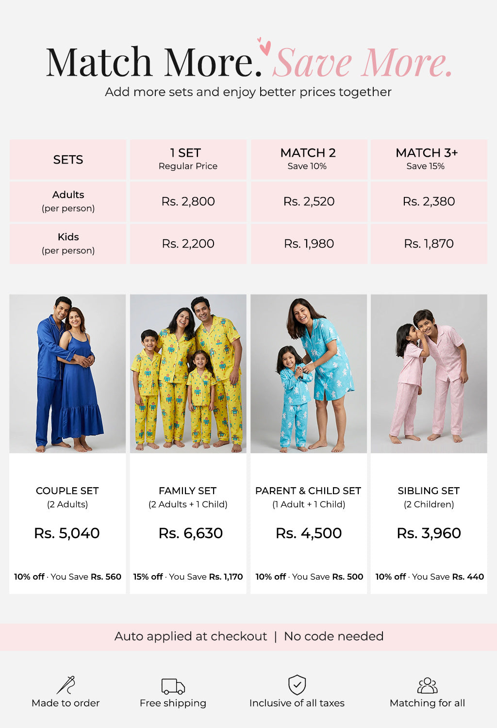Price guide for the Ace of Dreams pajama set