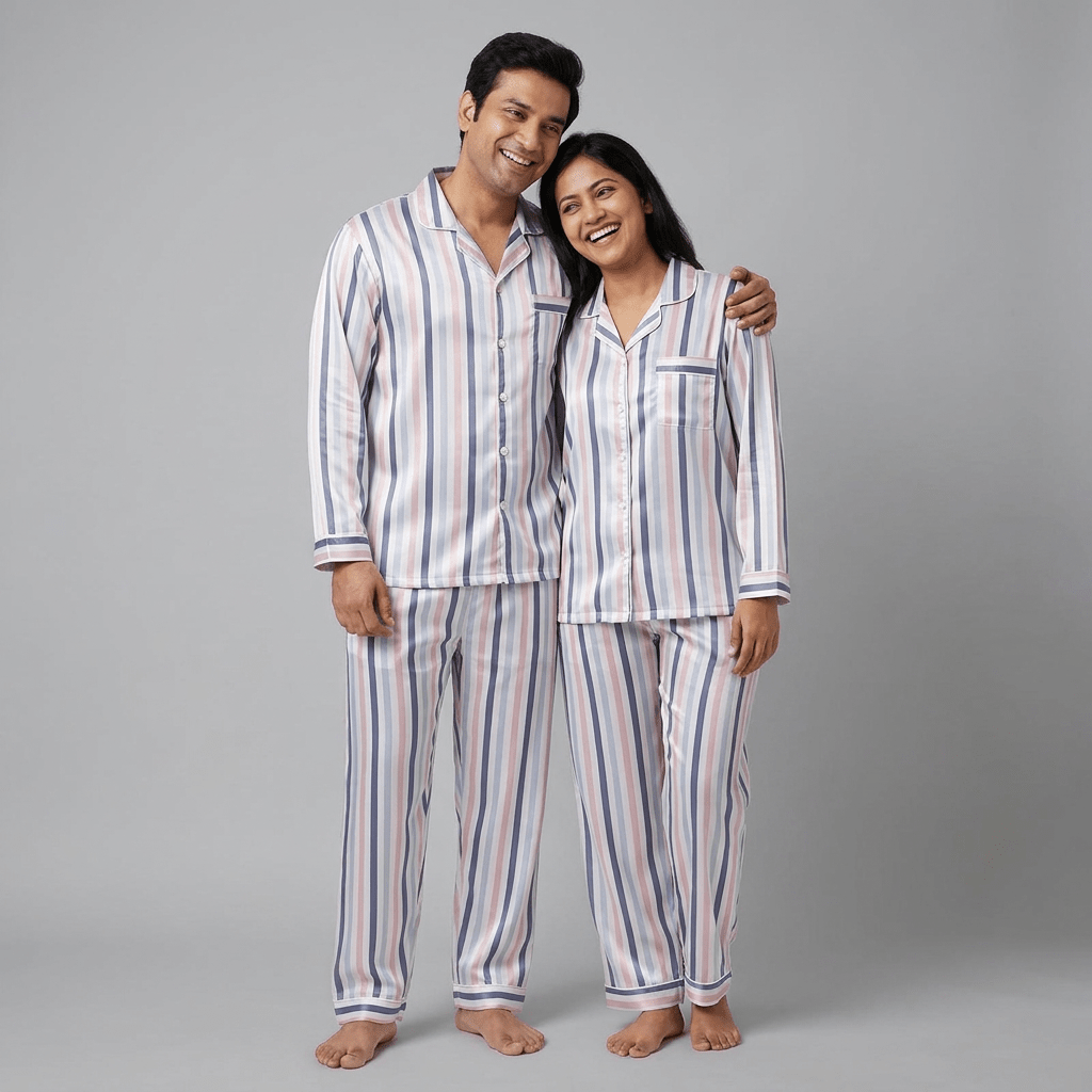 Matching Stripe Fever satin half-sleeve night suit for husband and wife