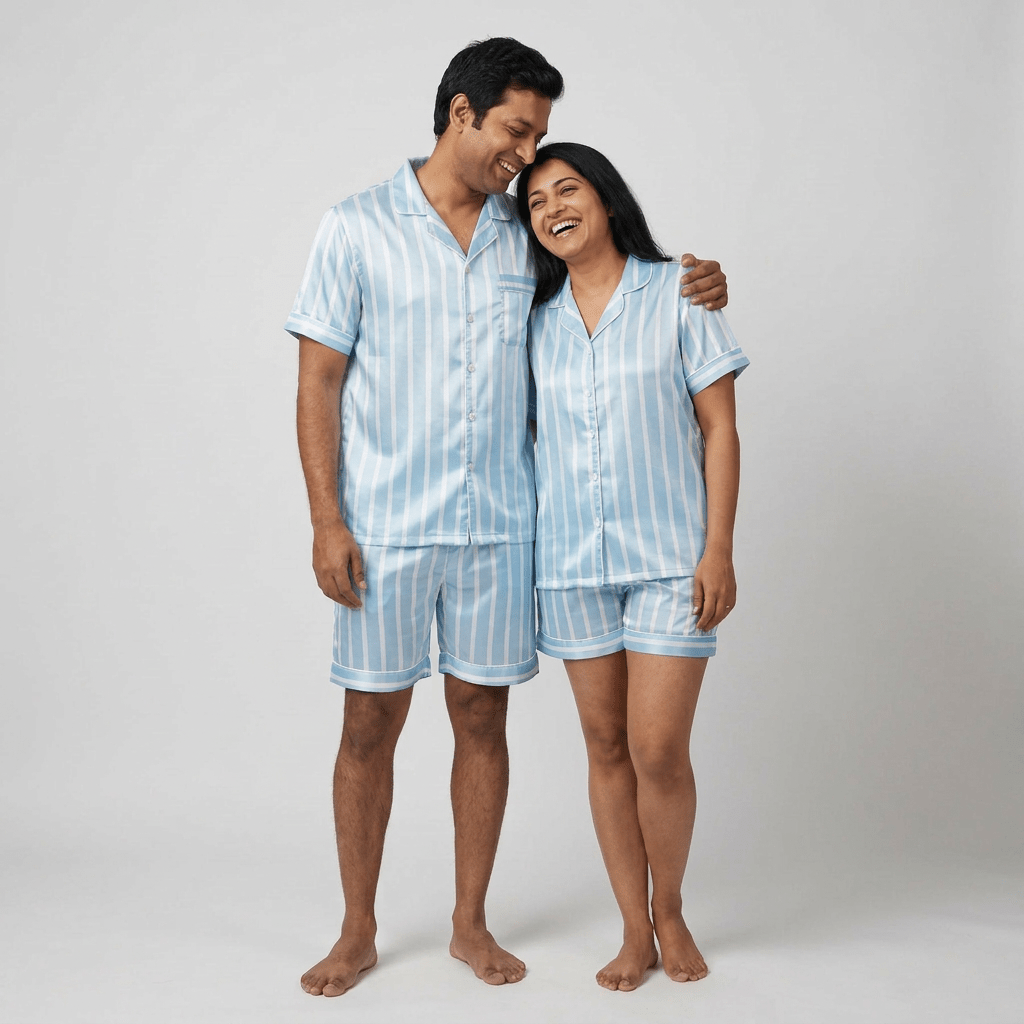 The two of you twinning in Stripe Life shorts set by Pajama Tribe
