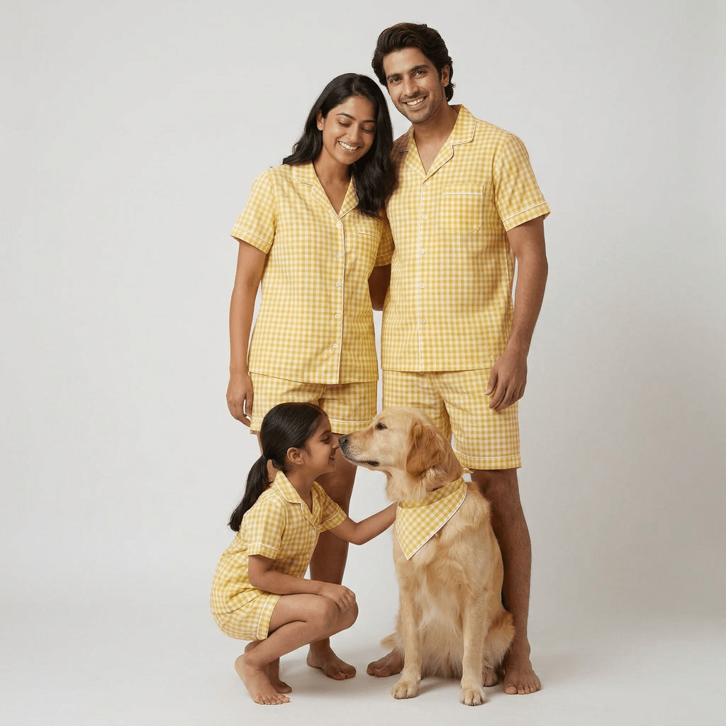 The whole family twinning in Sunshine Yellow Gingham Pup shorts set by Pajama Tribe