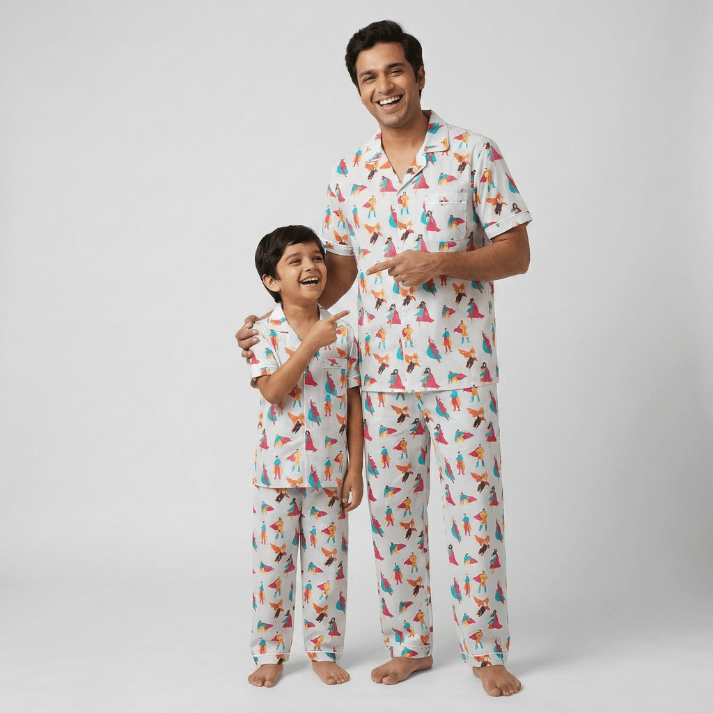 Dad and son in matching Super Heroes half-sleeve night suit