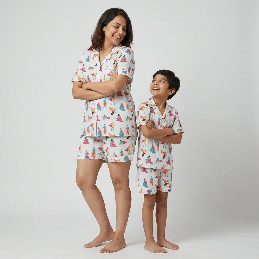 Mom and son in matching Super Heroes shorts set