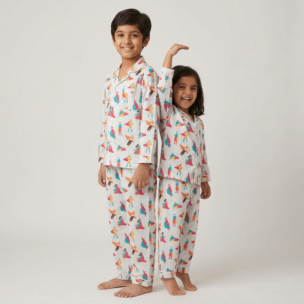 Big sib and little sib in matching Super Heroes full-sleeve night suit