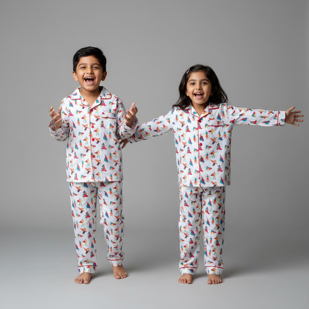 Siblings wearing superhero print matching pajamas, bold coordinated nightwear.