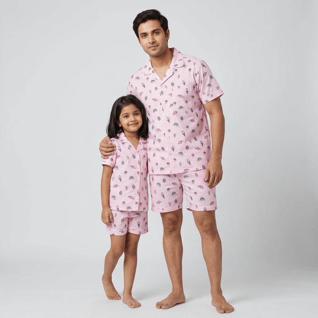 Sweet Treat matching shorts set for daddy and his little girl, styled together
