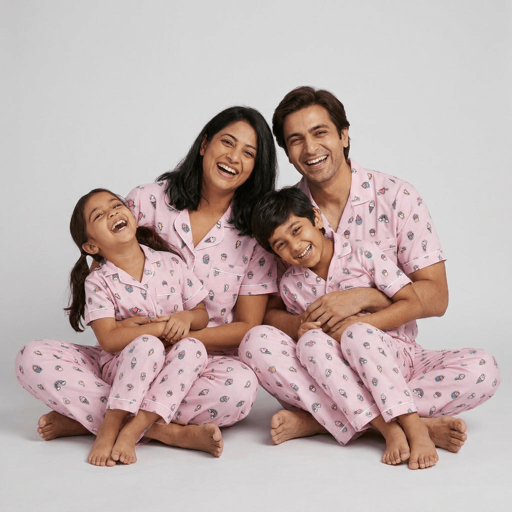 Matching Sweet Treat rayon half-sleeve night suit for mumma, papa and the little ones