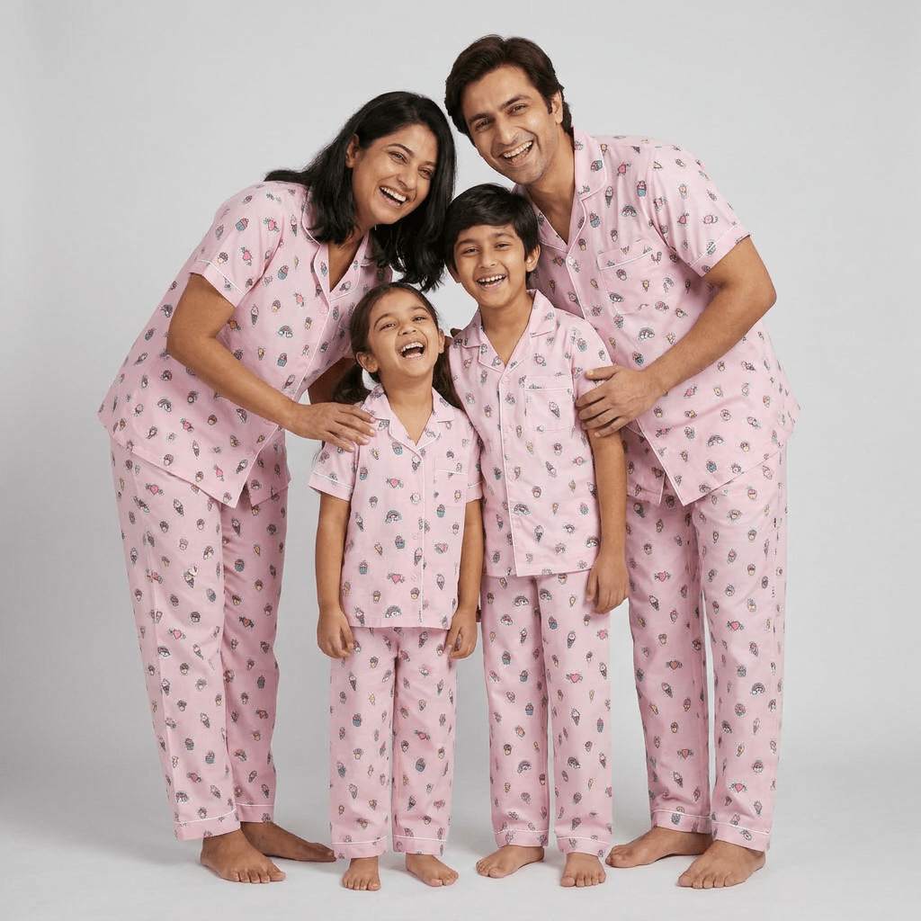Parents and kids twinning in Sweet Treat half-sleeve night suit by Pajama Tribe