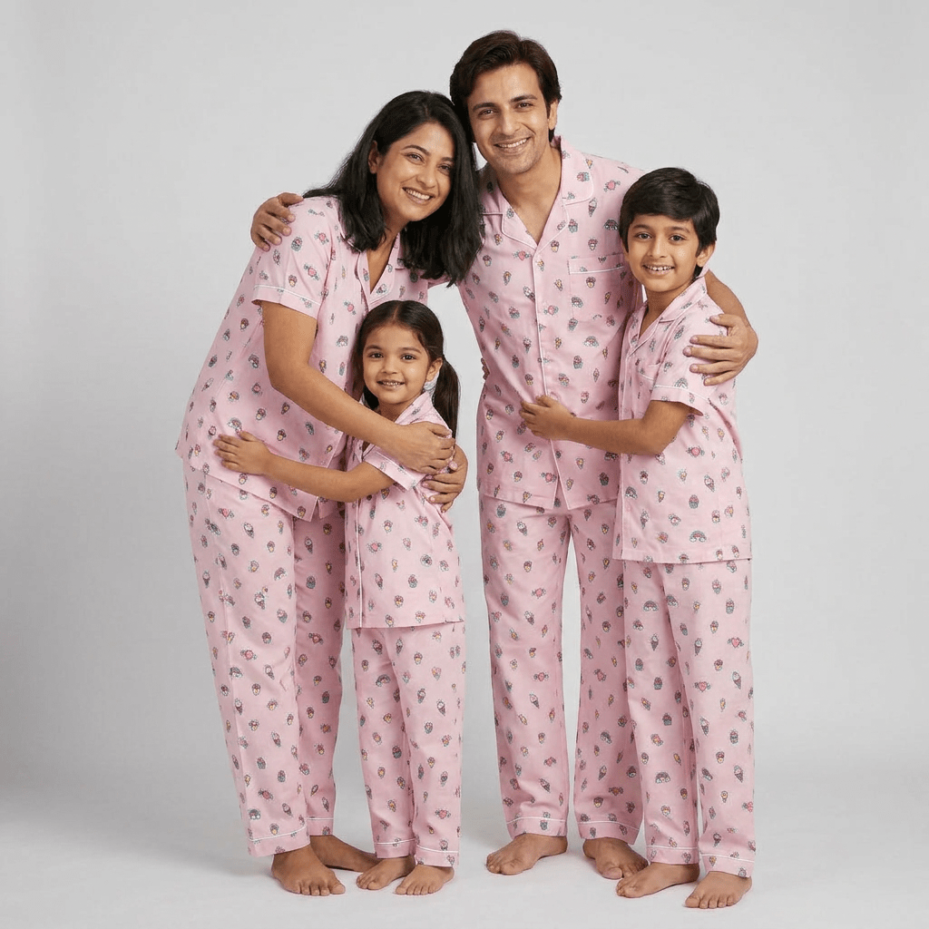 Parents and kids in matching Sweet Treat half-sleeve night suit
