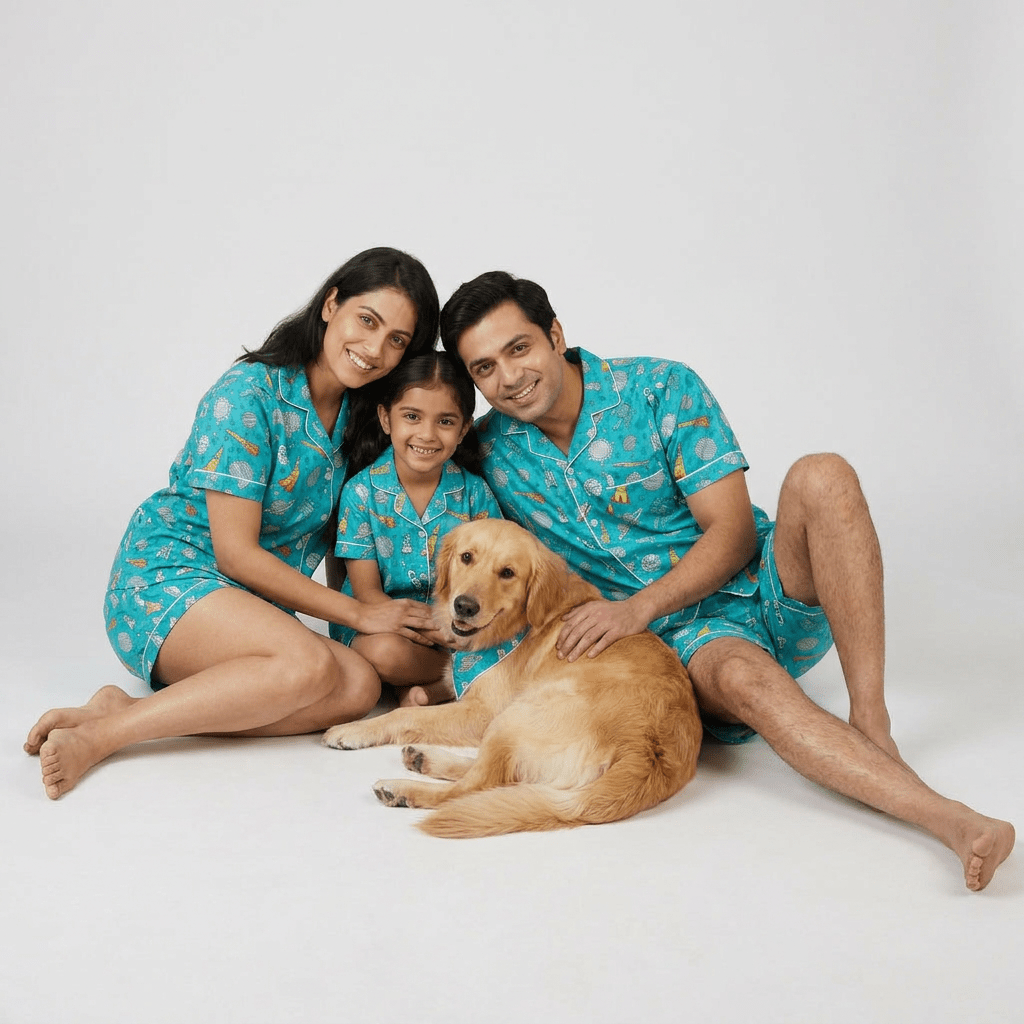 Mumma, papa and the little ones in matching To The Moon shorts set