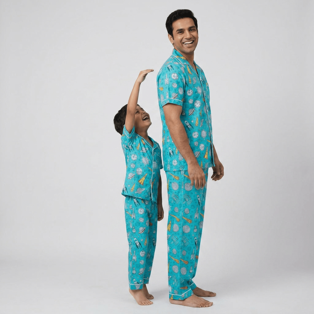 Dad and son in matching To The Moon half-sleeve night suit