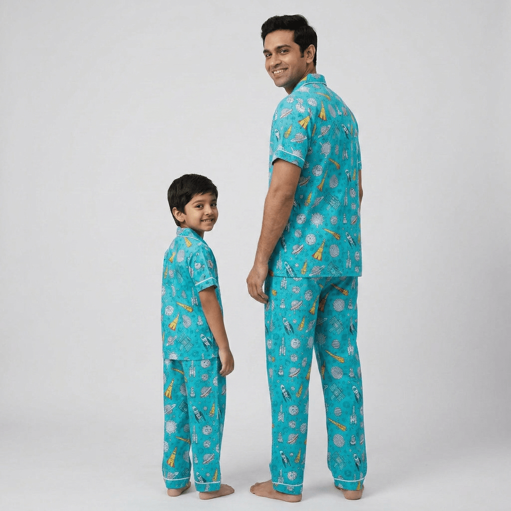 To The Moon daddy and me pajama set worn together