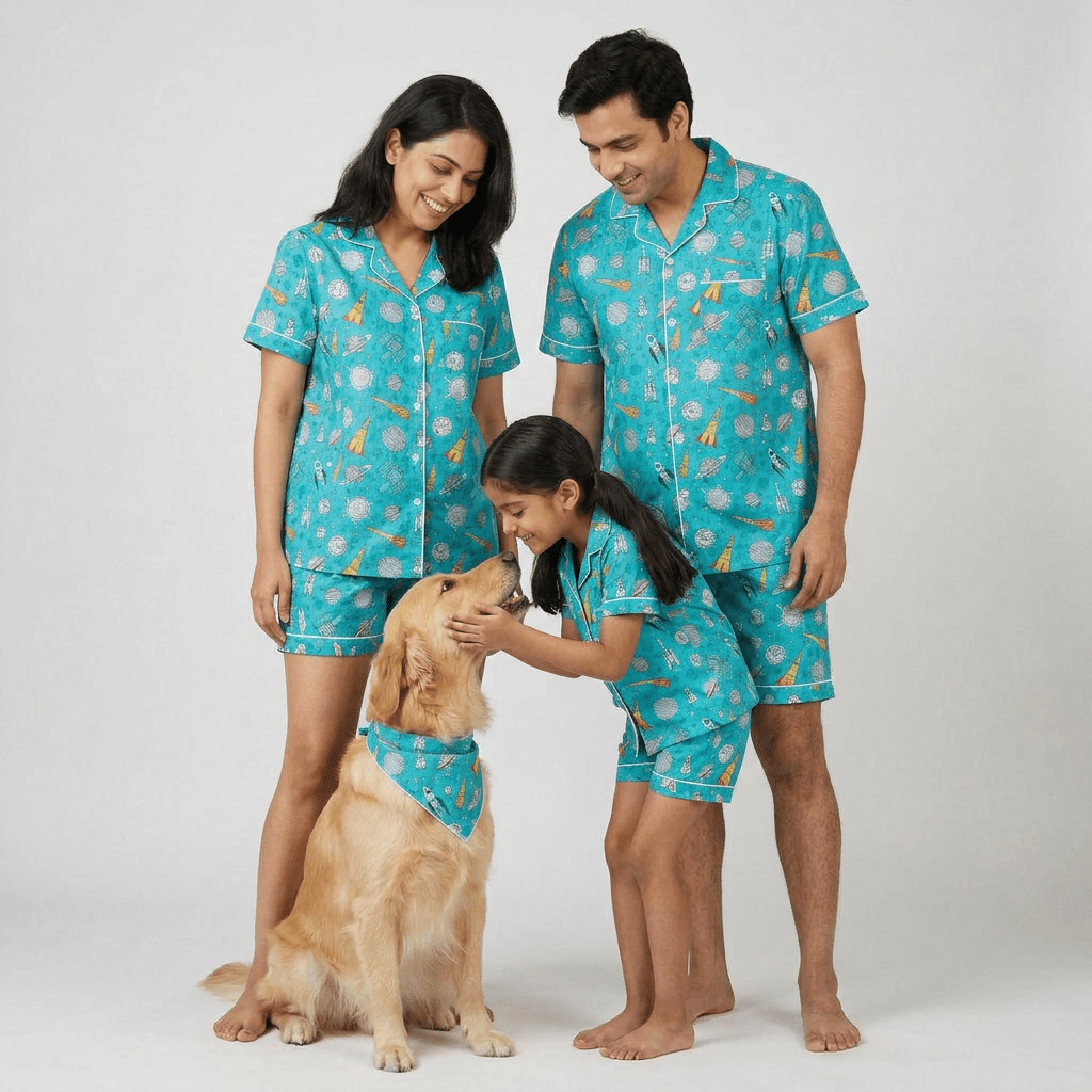 To The Moon matching family pajamas worn together