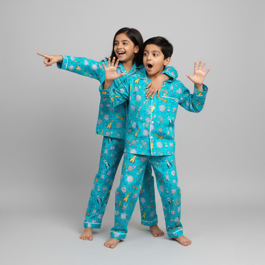 Brother and sister wearing To the Moon matching pajamas, space-themed coordinated set.