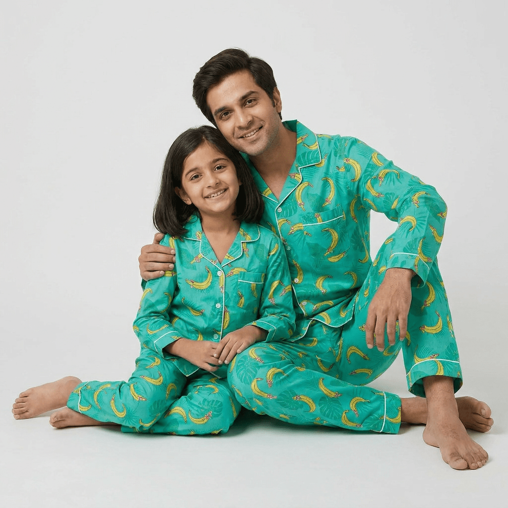 Tropical Bananas matching full-sleeve night suit for father and daughter, styled together