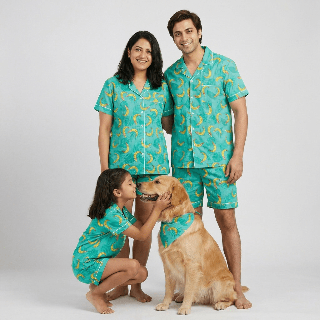 Tropical Bananas matching shorts set for the whole family, styled together