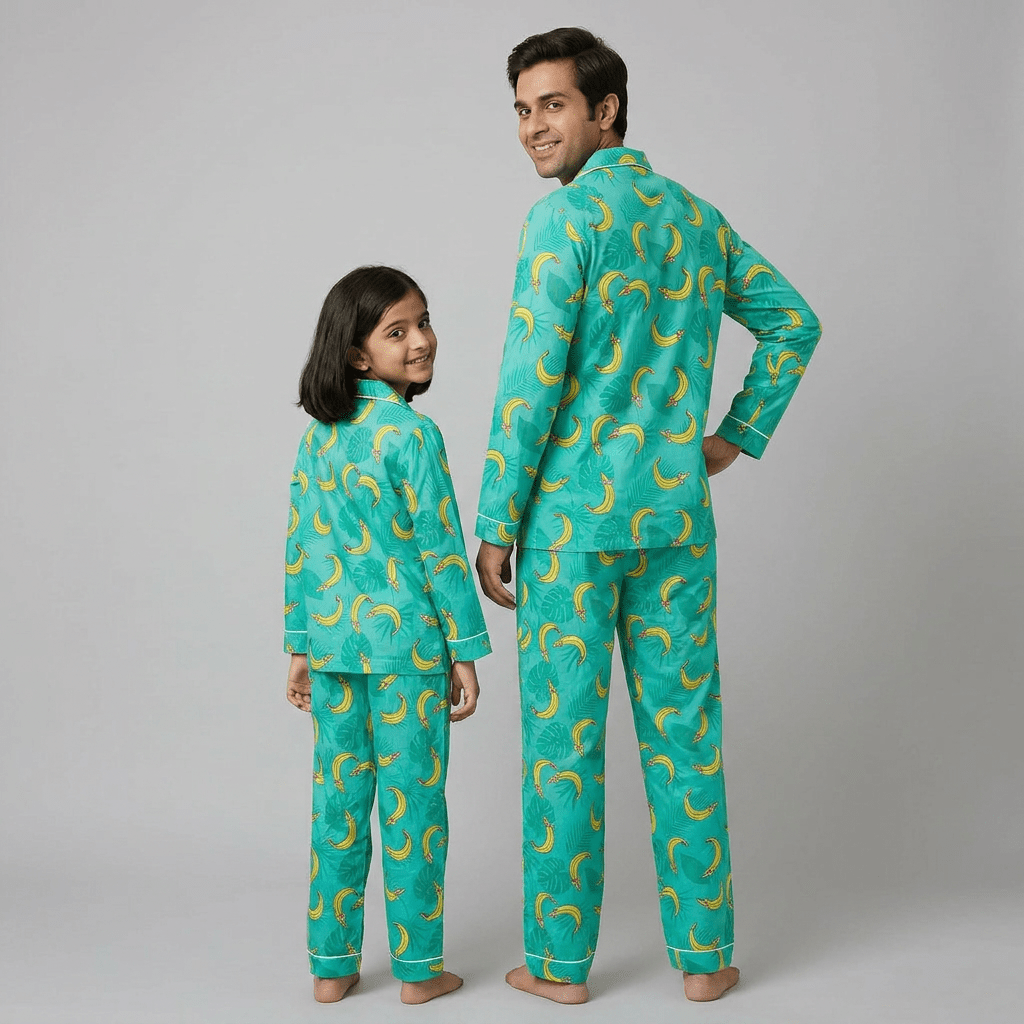 Daddy and his little girl in matching Tropical Bananas full-sleeve night suit