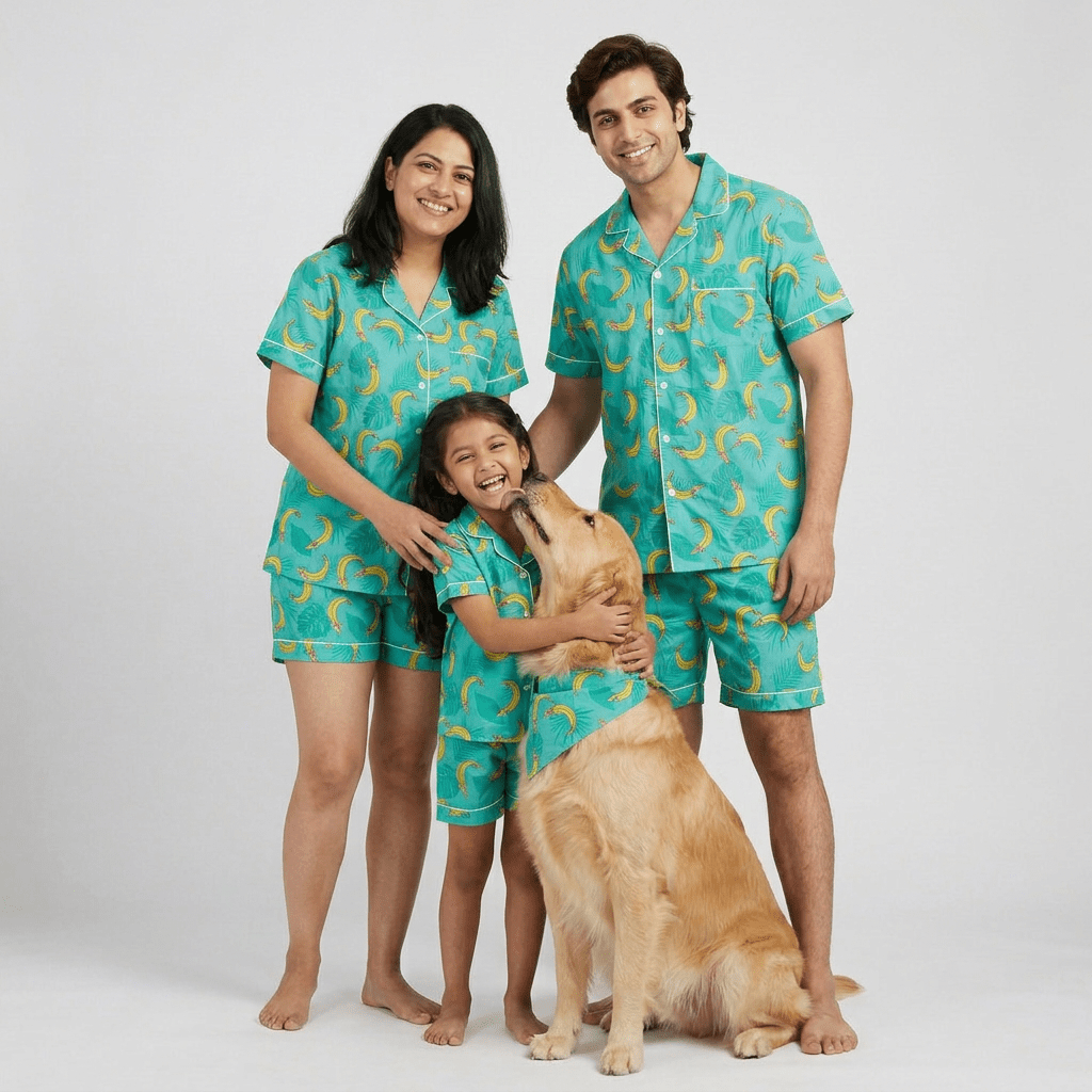 Mumma, papa and the little ones in matching Tropical Bananas shorts set
