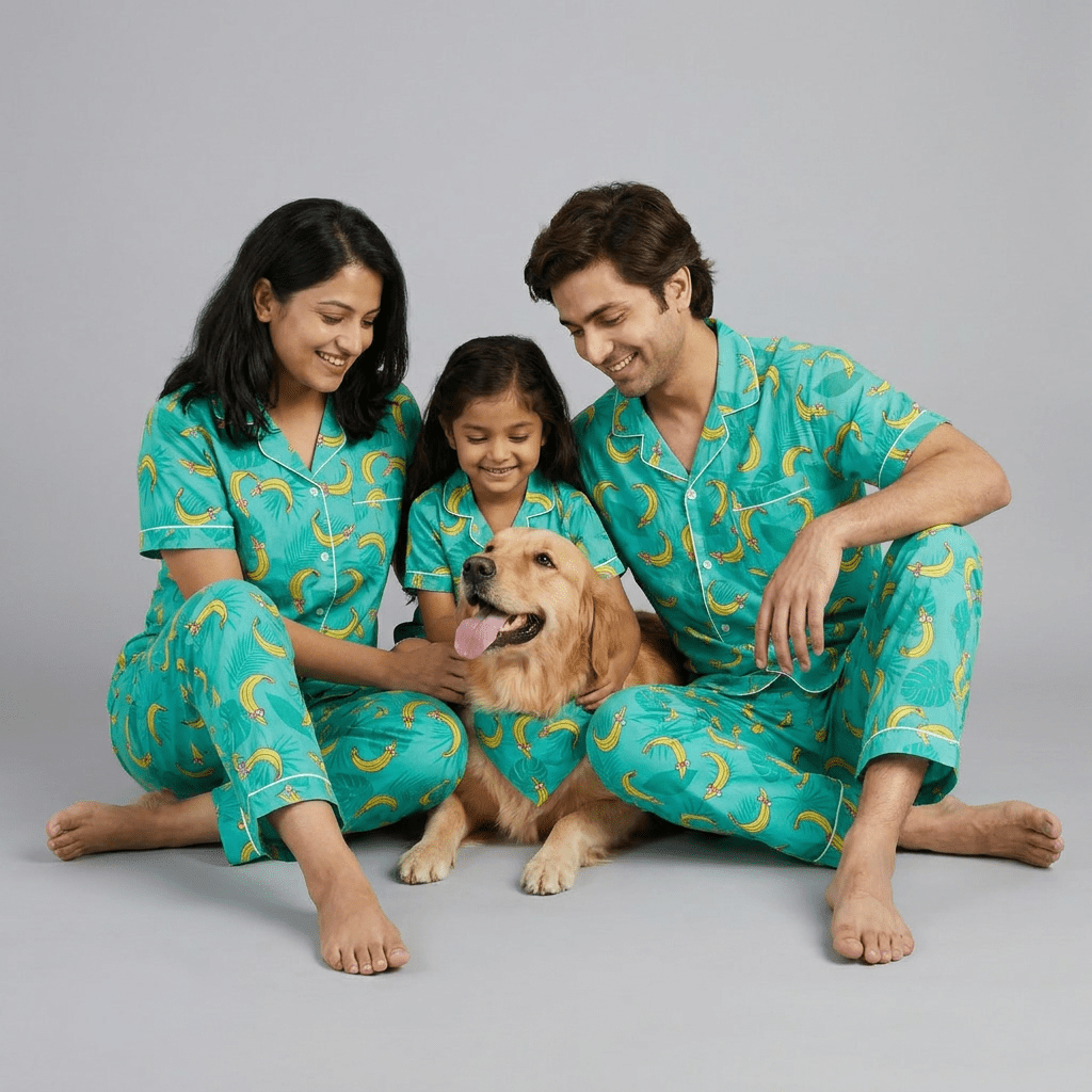 Tropical Bananas matching family pajamas worn together
