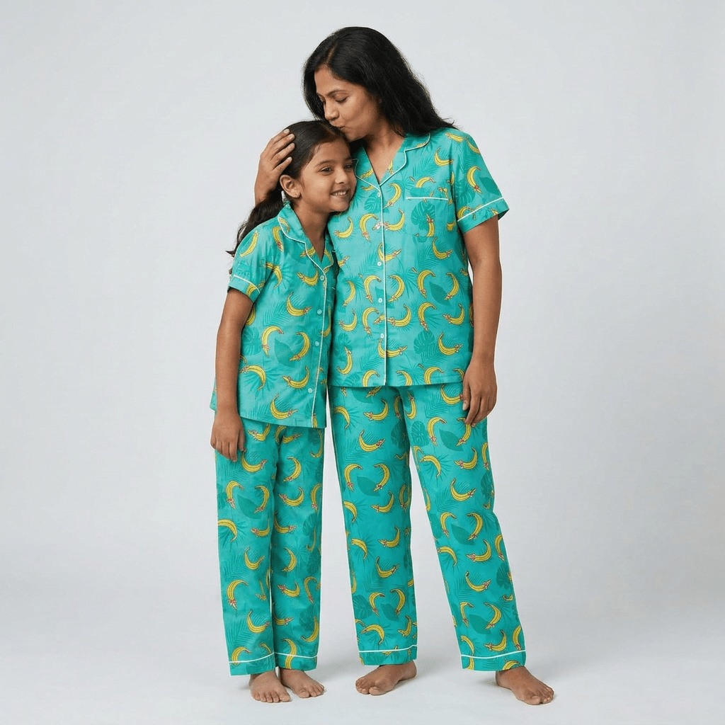 Tropical Bananas mother daughter night suit worn together