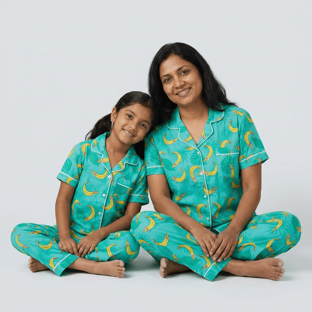 Mom and daughter in matching Tropical Bananas half-sleeve night suit