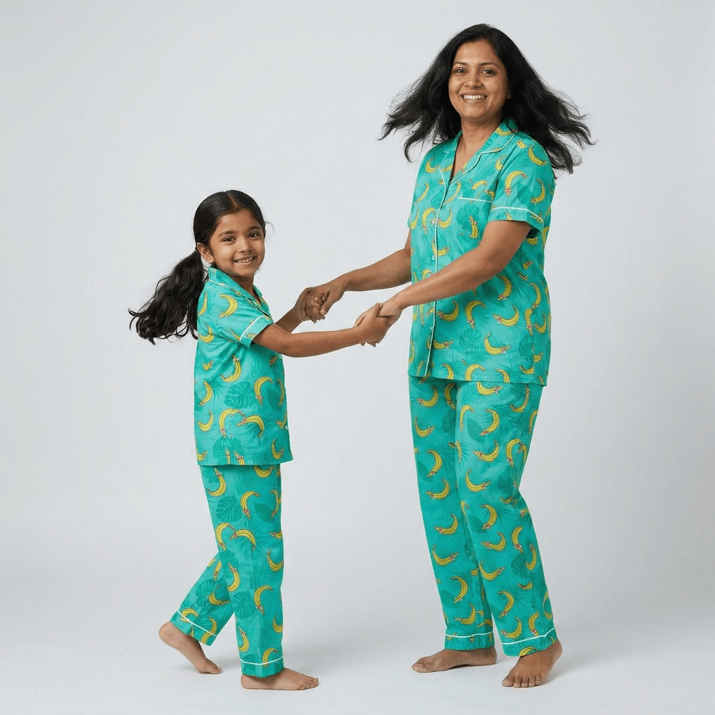 Pajama Tribe Tropical Bananas mom and daughter matching pajamas