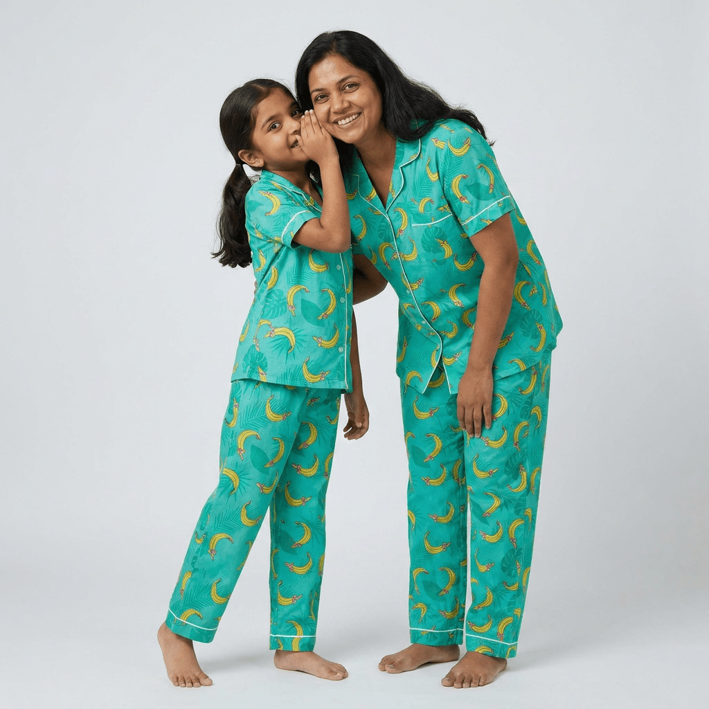 Tropical Bananas matching half-sleeve night suit for mother and daughter, styled together