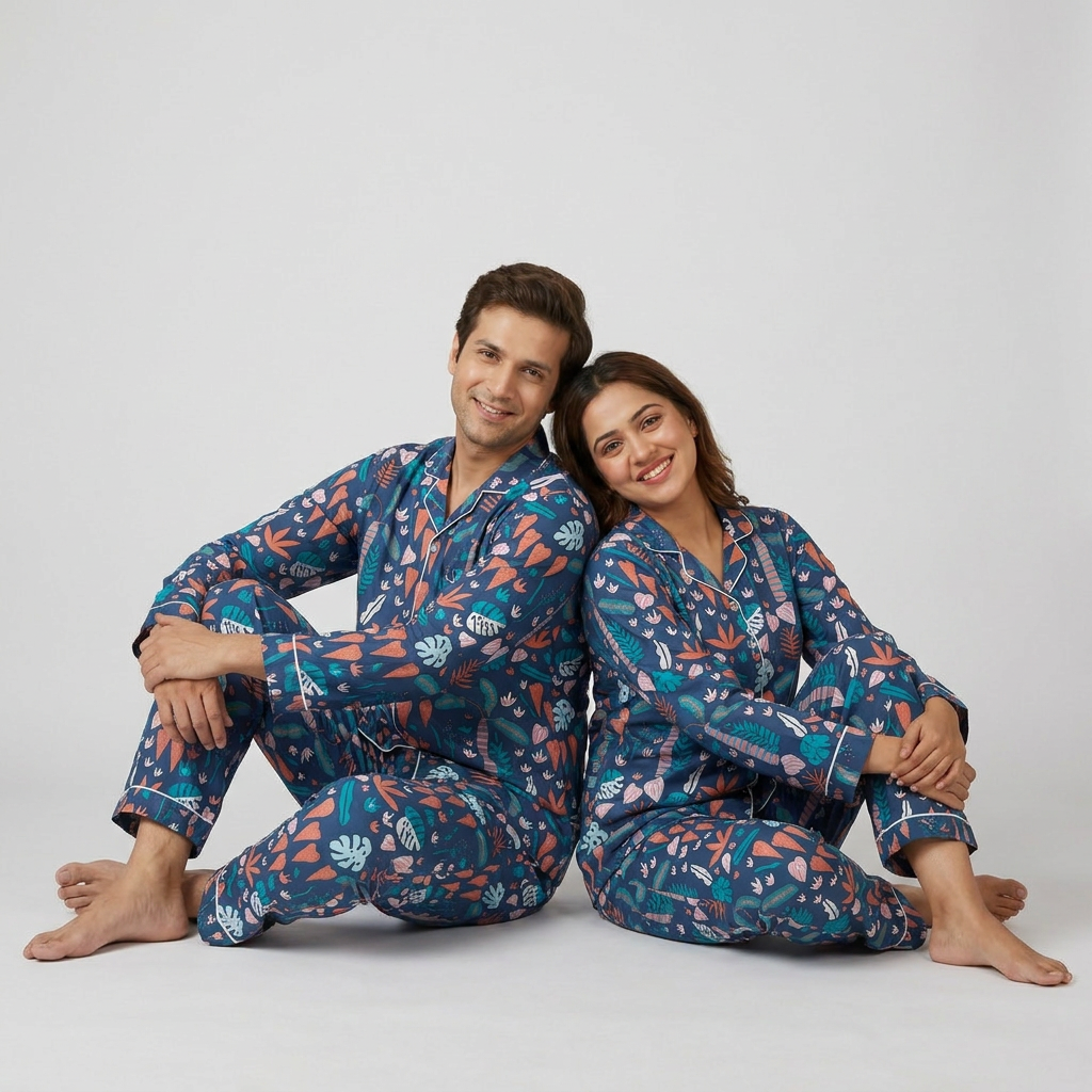 You and your partner in matching Tropical Foliage night suit