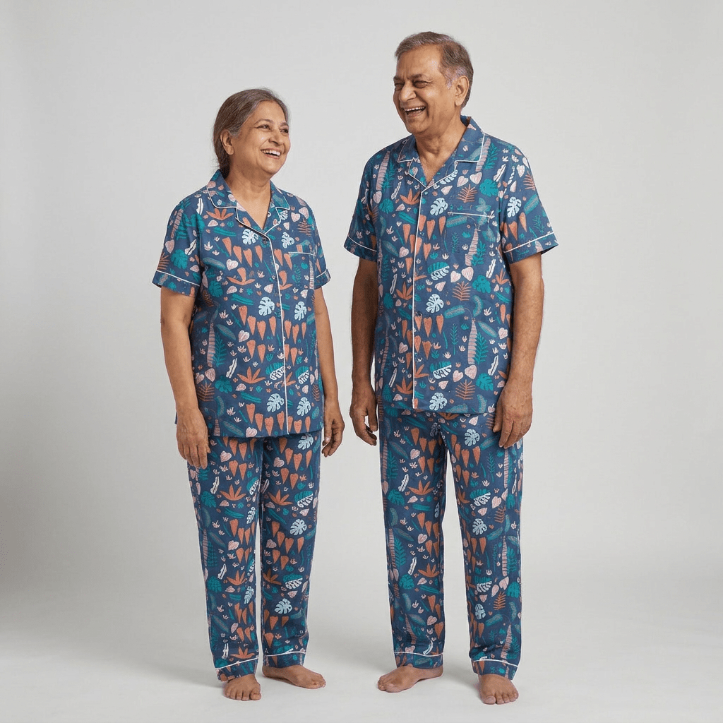 Dada and dadi twinning in Tropical Foliage half-sleeve night suit by Pajama Tribe