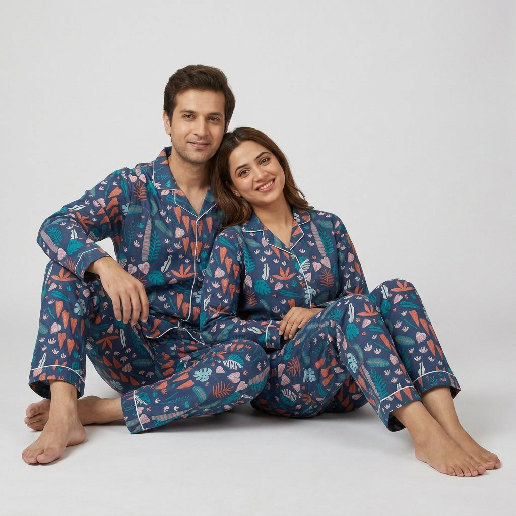 Tropical Foliage matching night suit for him and her, styled together