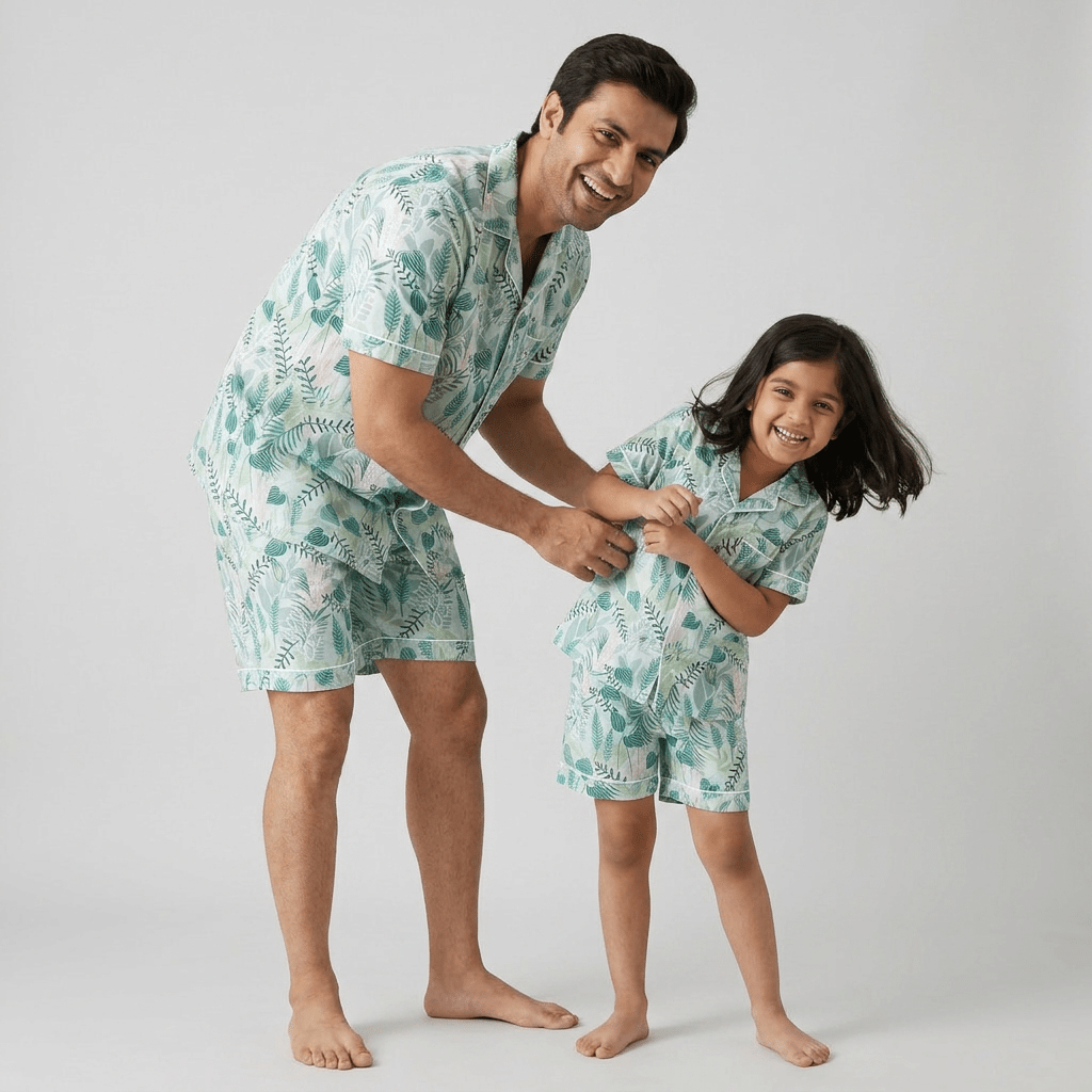 Dad and daughter in matching Tropical Garden shorts set