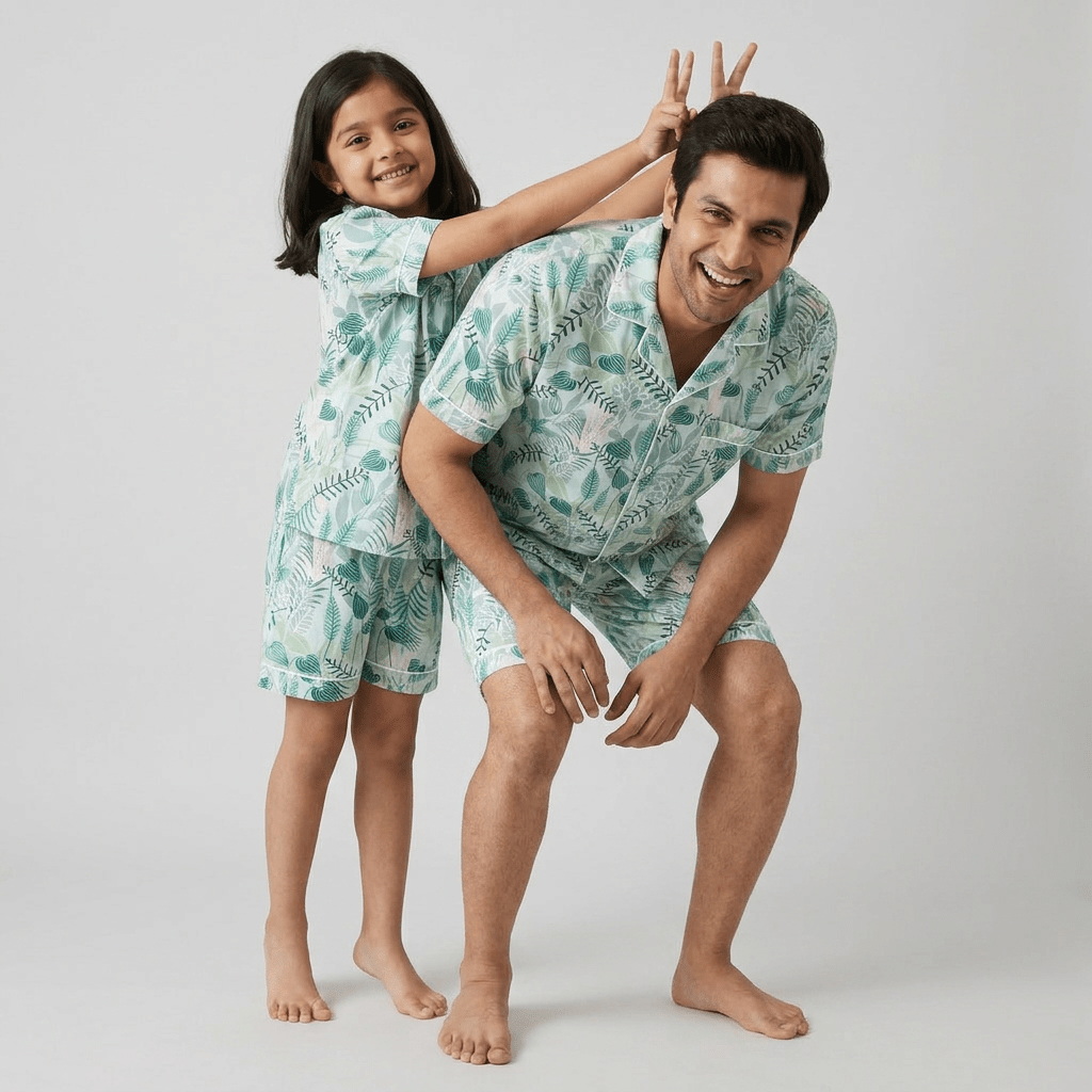 Tropical Garden dad and daughter matching pajamas worn together