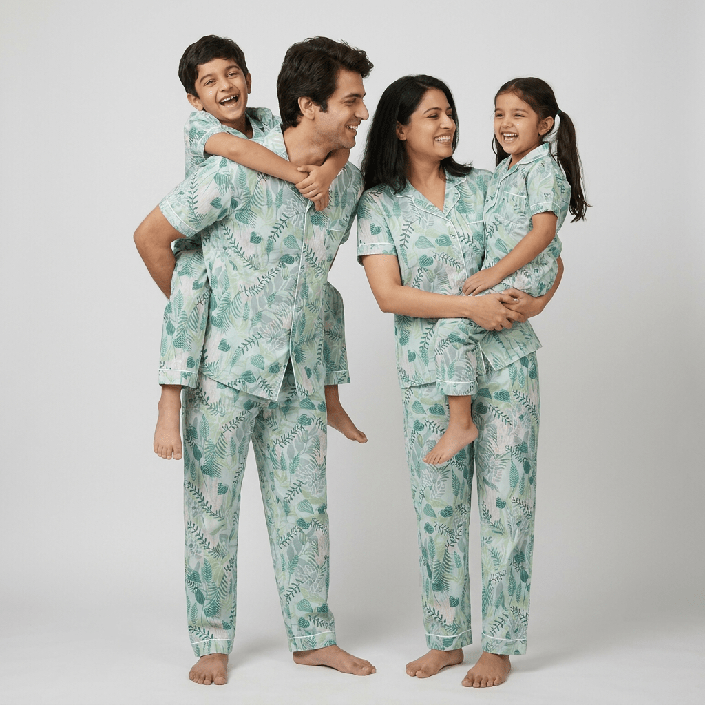 Matching Tropical Garden half-sleeve night suit for parents and kids